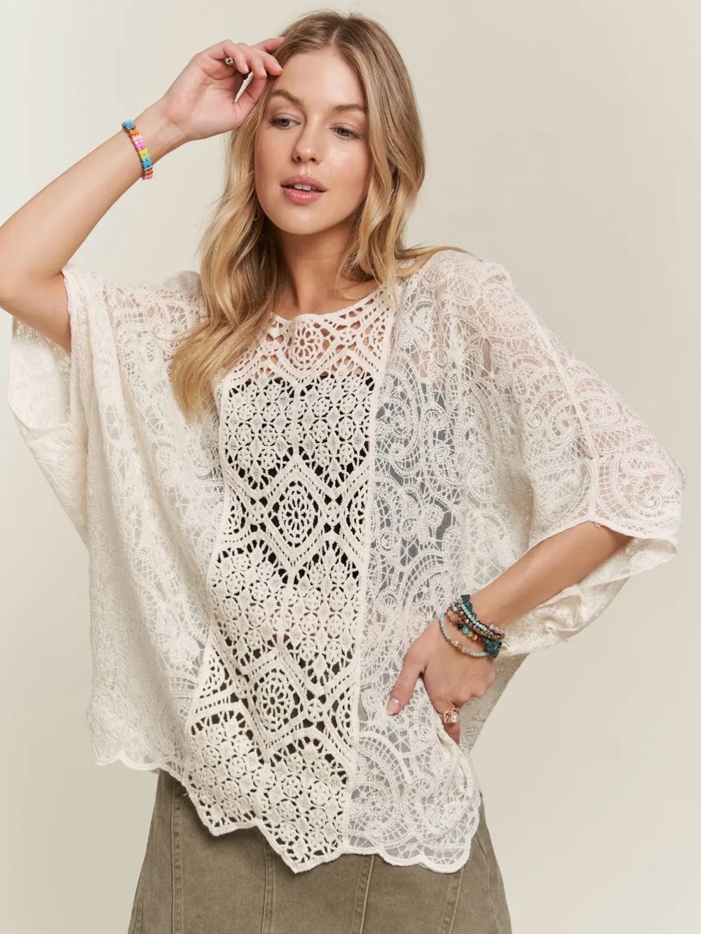 Beige white lace crochet tapestry patchwork floral cardigan tunic top blouse